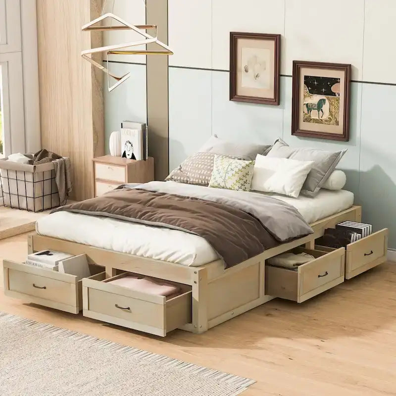 Lit plateforme double avec 6 tiroirs de rangement
