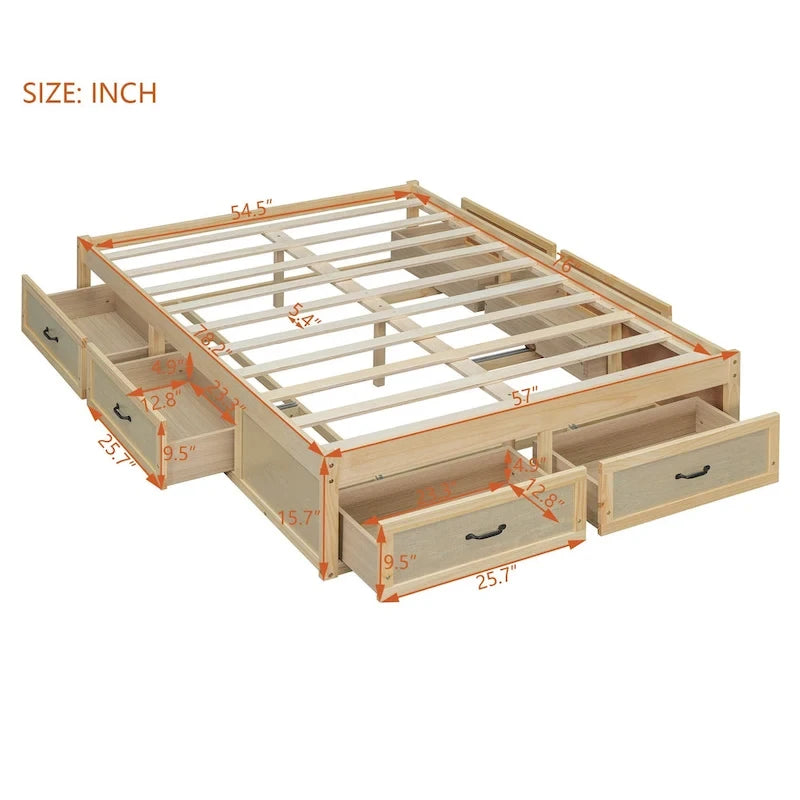 Lit plateforme double avec 6 tiroirs de rangement