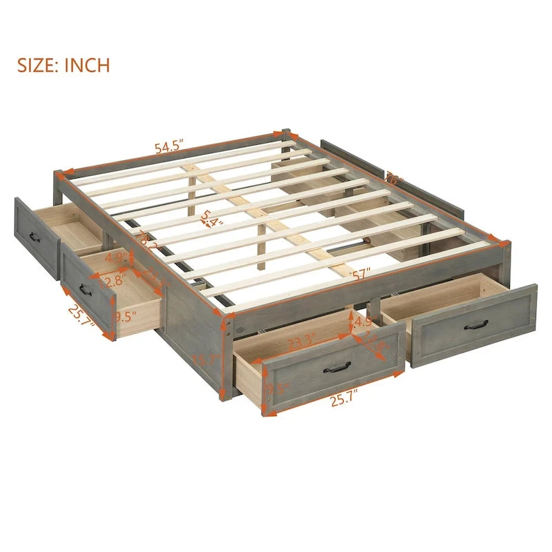 Lit plateforme double avec 6 tiroirs de rangement