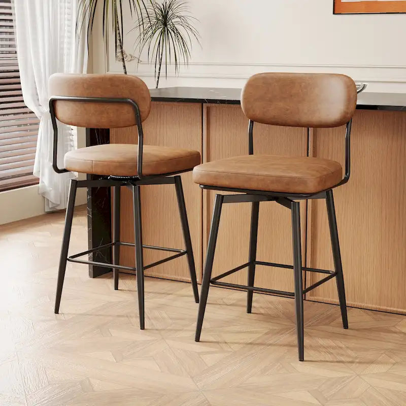 Lot de 2 tabourets de bar pivotants à 360° - Tabourets de comptoir rembourrés en cuir avec base en fer pour îlot de cuisine et bureau