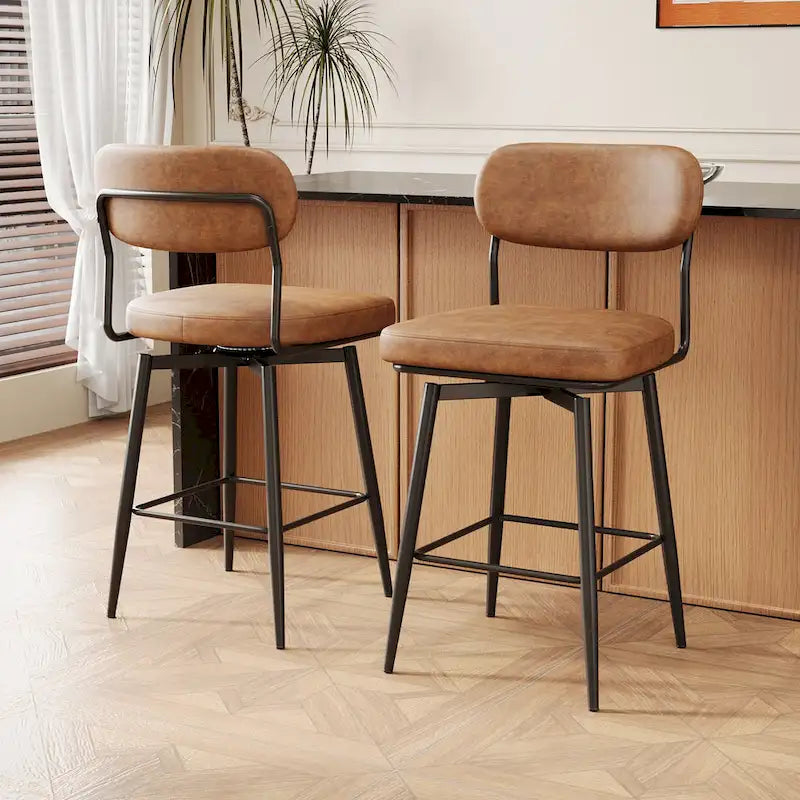 Lot de 2 tabourets de bar pivotants à 360° - Tabourets de comptoir rembourrés en cuir avec base en fer pour îlot de cuisine et bureau