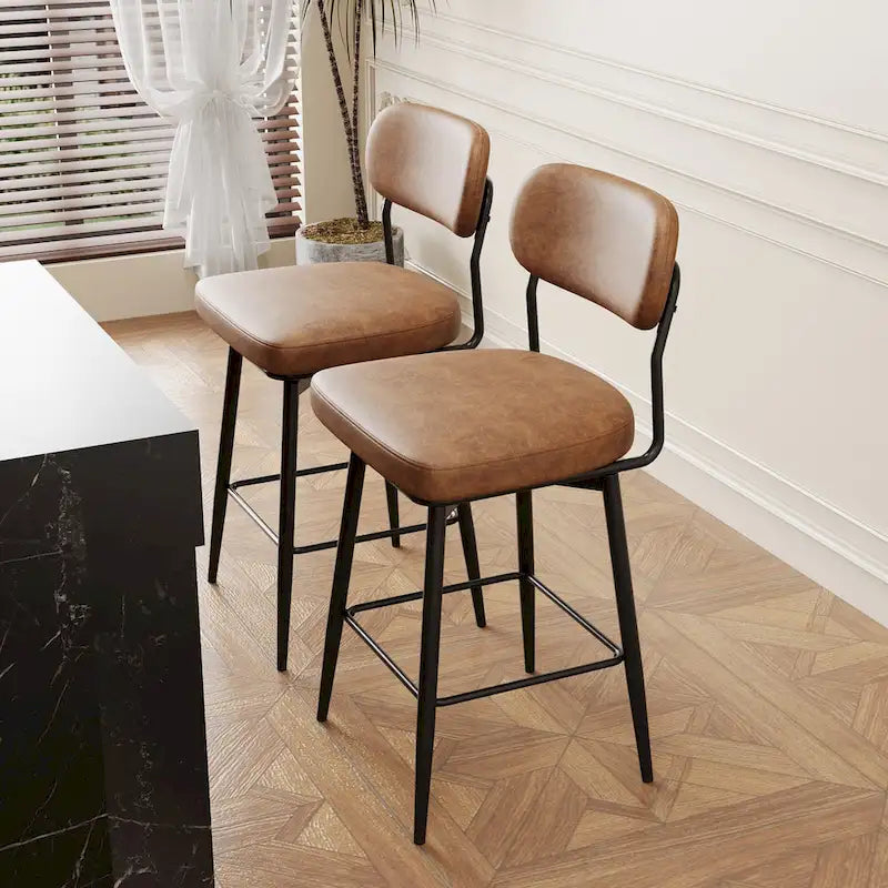 Lot de 2 tabourets de bar pivotants à 360° - Tabourets de comptoir rembourrés en cuir avec base en fer pour îlot de cuisine et bureau