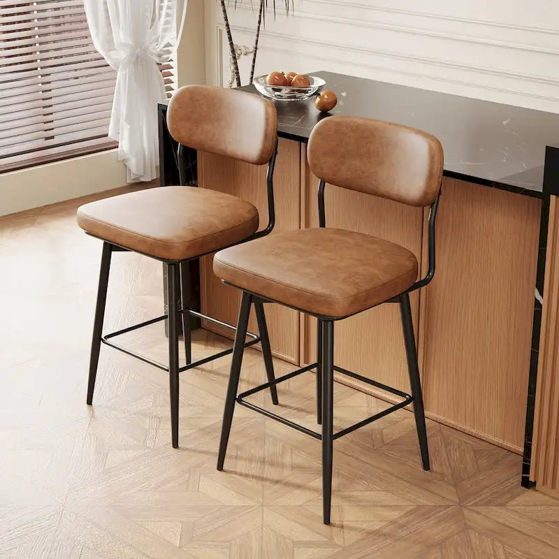 Lot de 2 tabourets de bar pivotants à 360° - Tabourets de comptoir rembourrés en cuir avec base en fer pour îlot de cuisine et bureau