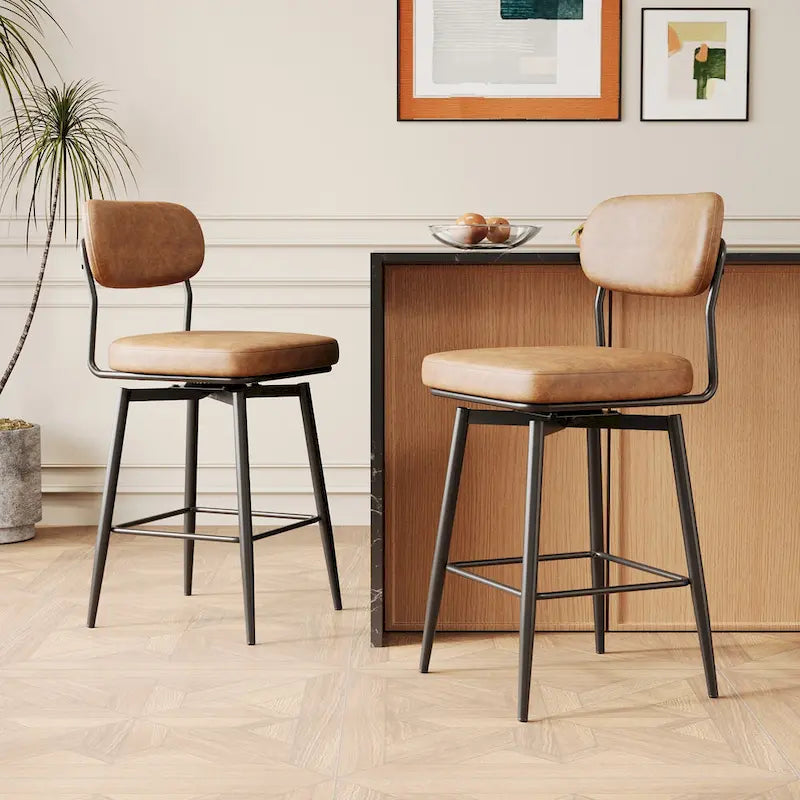 Lot de 2 tabourets de bar pivotants à 360° - Tabourets de comptoir rembourrés en cuir avec base en fer pour îlot de cuisine et bureau