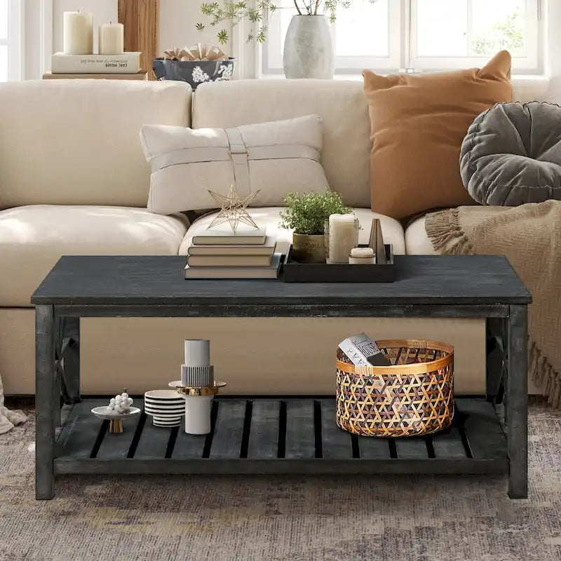 47 Table Basse de Ferme Moderne avec Étagère de Rangement