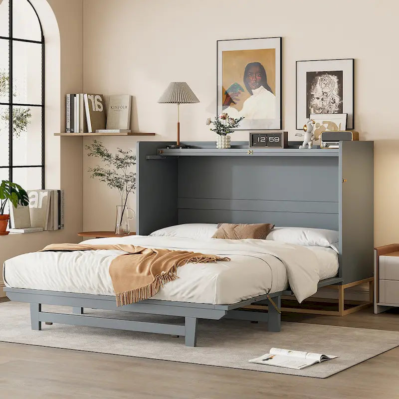 Lit escamotable Queen avec meuble de rangement, multifonctionnel, capacité de 180 kg