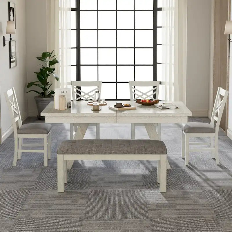 Ensemble de salle à manger 6/8 pièces avec banc, table à manger extensible rectangulaire en bois massif et 4 chaises de salle à manger en bois massif