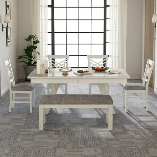 Ensemble de salle à manger 6/8 pièces avec banc, table à manger extensible rectangulaire en bois massif et 4 chaises de salle à manger en bois massif