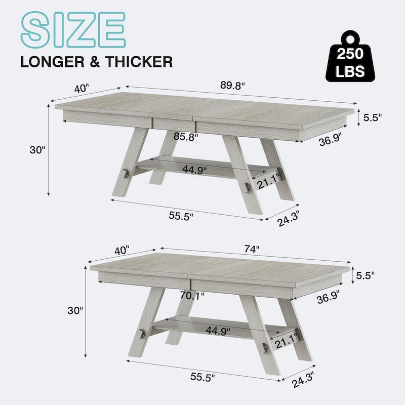 Ensemble de salle à manger 6/8 pièces avec banc, table à manger extensible rectangulaire en bois massif et 4 chaises de salle à manger en bois massif