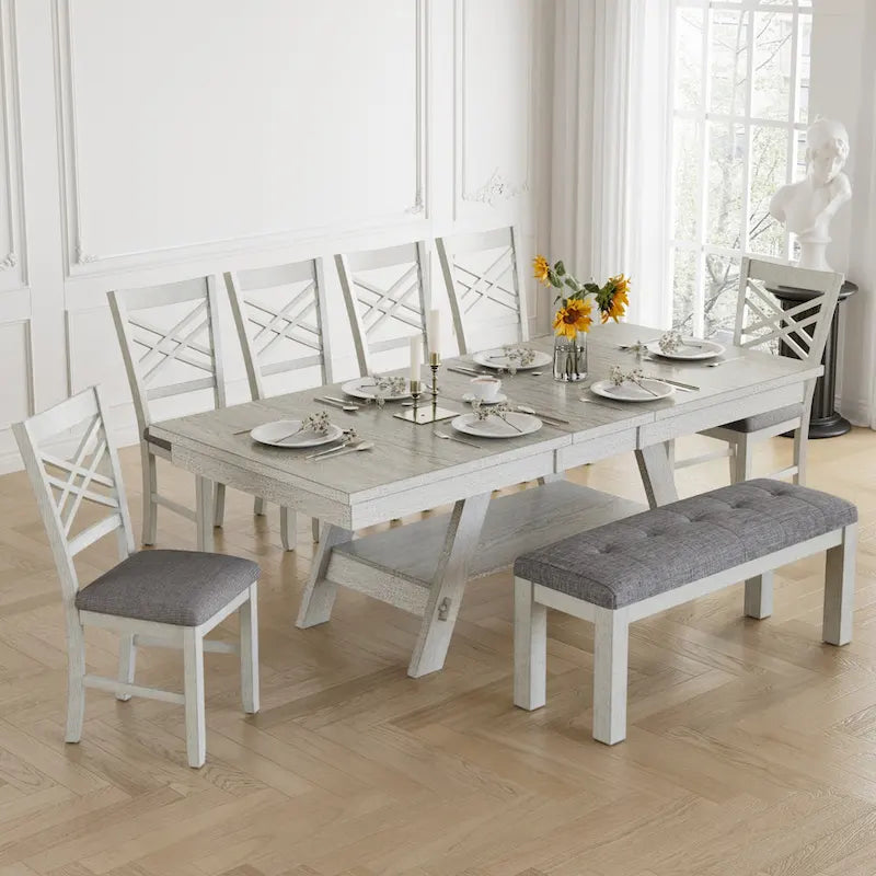 Ensemble de salle à manger 6/8 pièces avec banc, table à manger extensible rectangulaire en bois massif et 4 chaises de salle à manger en bois massif
