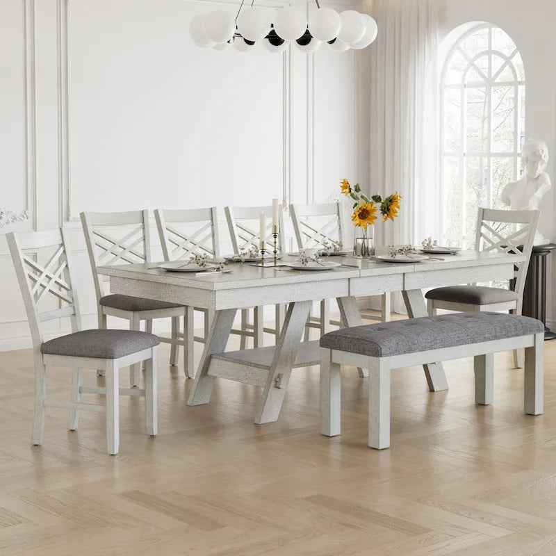 Ensemble de salle à manger 6/8 pièces avec banc, table à manger extensible rectangulaire en bois massif et 4 chaises de salle à manger en bois massif