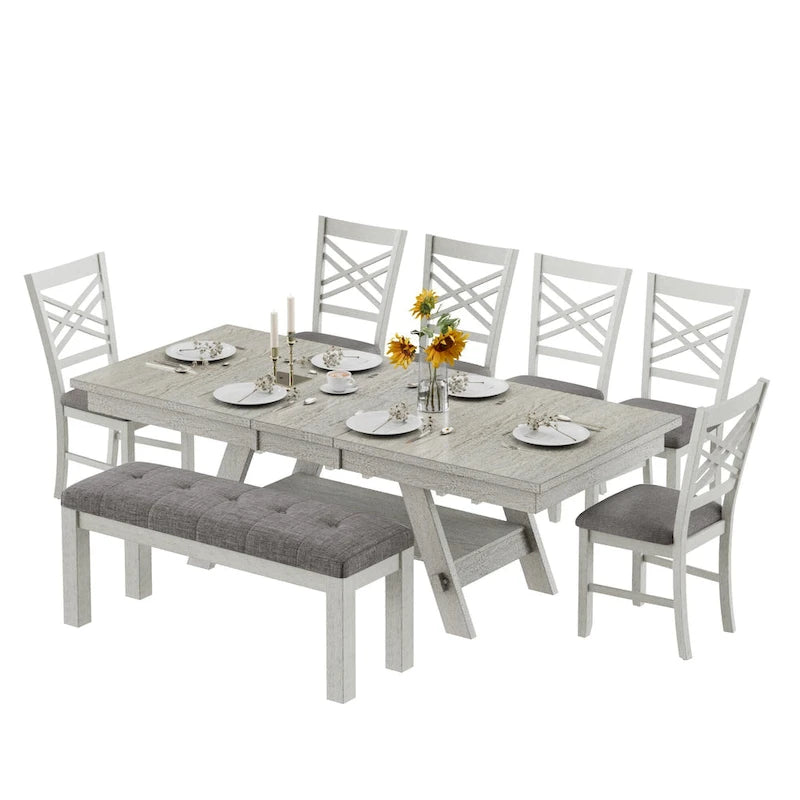 Ensemble de salle à manger 6/8 pièces avec banc, table à manger extensible rectangulaire en bois massif et 4 chaises de salle à manger en bois massif