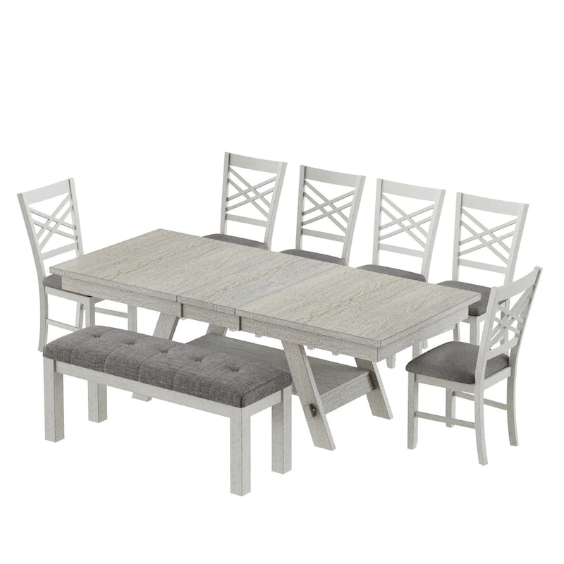 Ensemble de salle à manger 6/8 pièces avec banc, table à manger extensible rectangulaire en bois massif et 4 chaises de salle à manger en bois massif