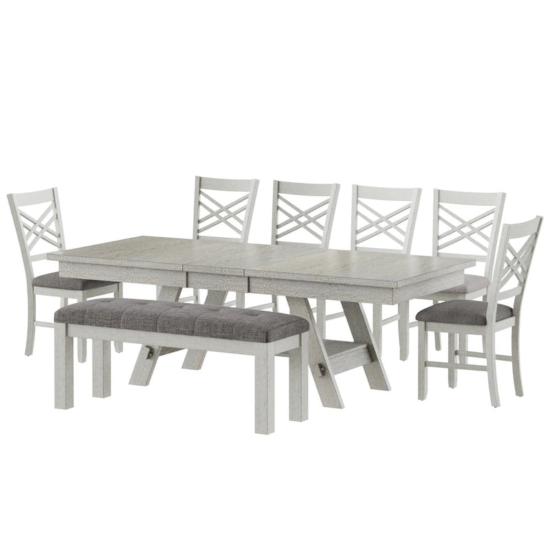 Ensemble de salle à manger 6/8 pièces avec banc, table à manger extensible rectangulaire en bois massif et 4 chaises de salle à manger en bois massif