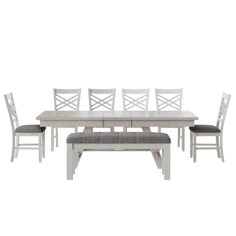 Ensemble de salle à manger 6/8 pièces avec banc, table à manger extensible rectangulaire en bois massif et 4 chaises de salle à manger en bois massif