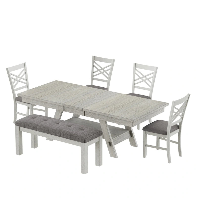 Ensemble de salle à manger 6/8 pièces avec banc, table à manger extensible rectangulaire en bois massif et 4 chaises de salle à manger en bois massif
