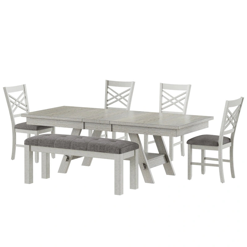 Ensemble de salle à manger 6/8 pièces avec banc, table à manger extensible rectangulaire en bois massif et 4 chaises de salle à manger en bois massif