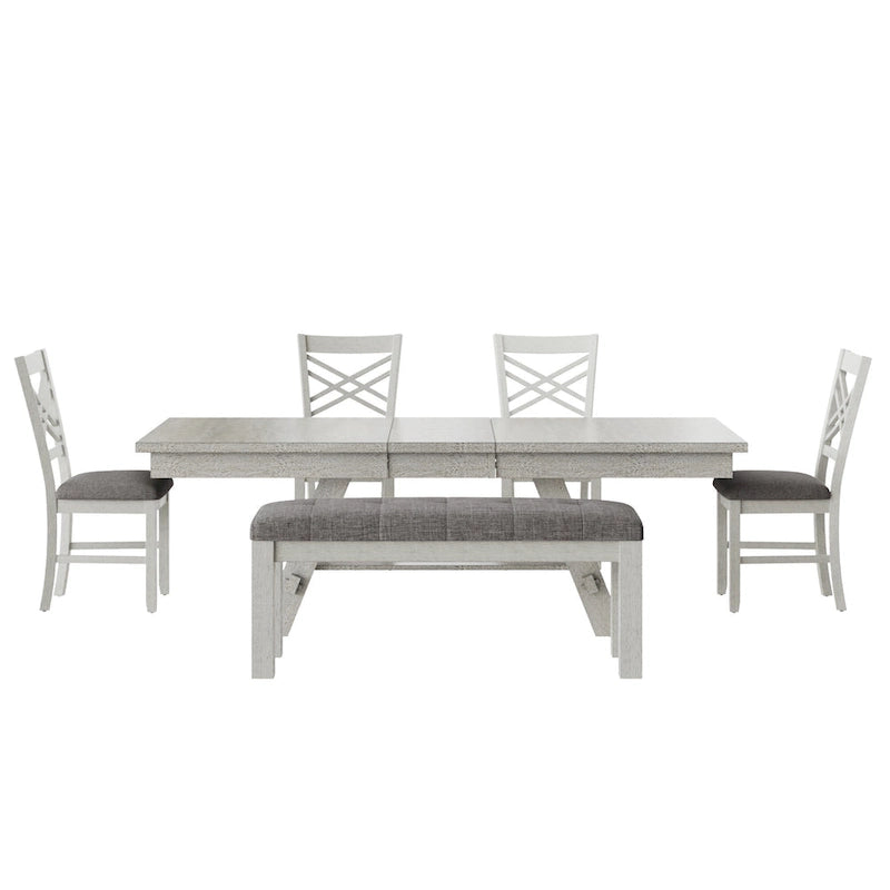 Ensemble de salle à manger 6/8 pièces avec banc, table à manger extensible rectangulaire en bois massif et 4 chaises de salle à manger en bois massif