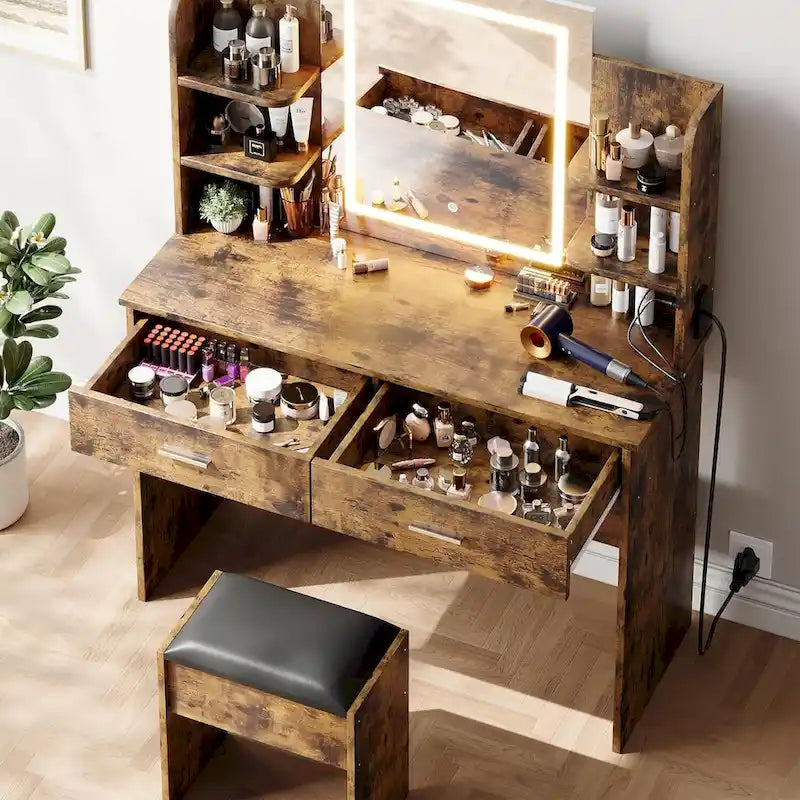 Coiffeuse avec miroir et lumières, Ensemble coiffeuse et tabouret