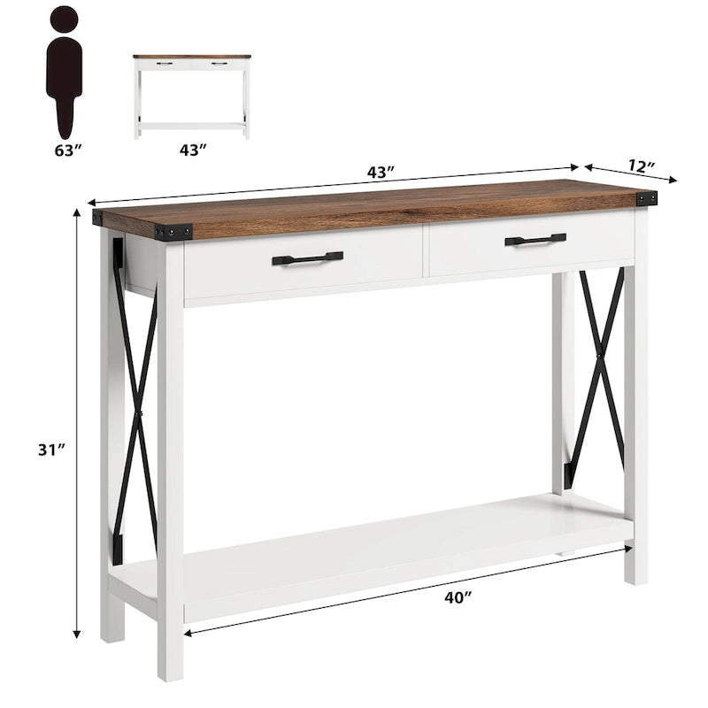 Table d'entrée en bois, Console de ferme avec 2 tiroirs