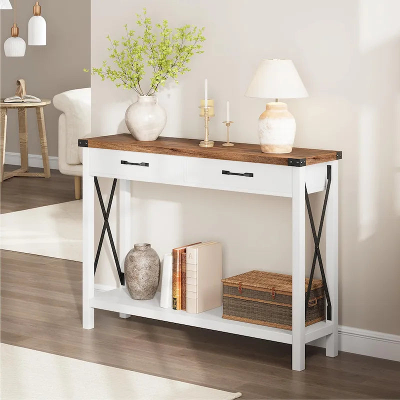 Table d'entrée en bois, Console de ferme avec 2 tiroirs