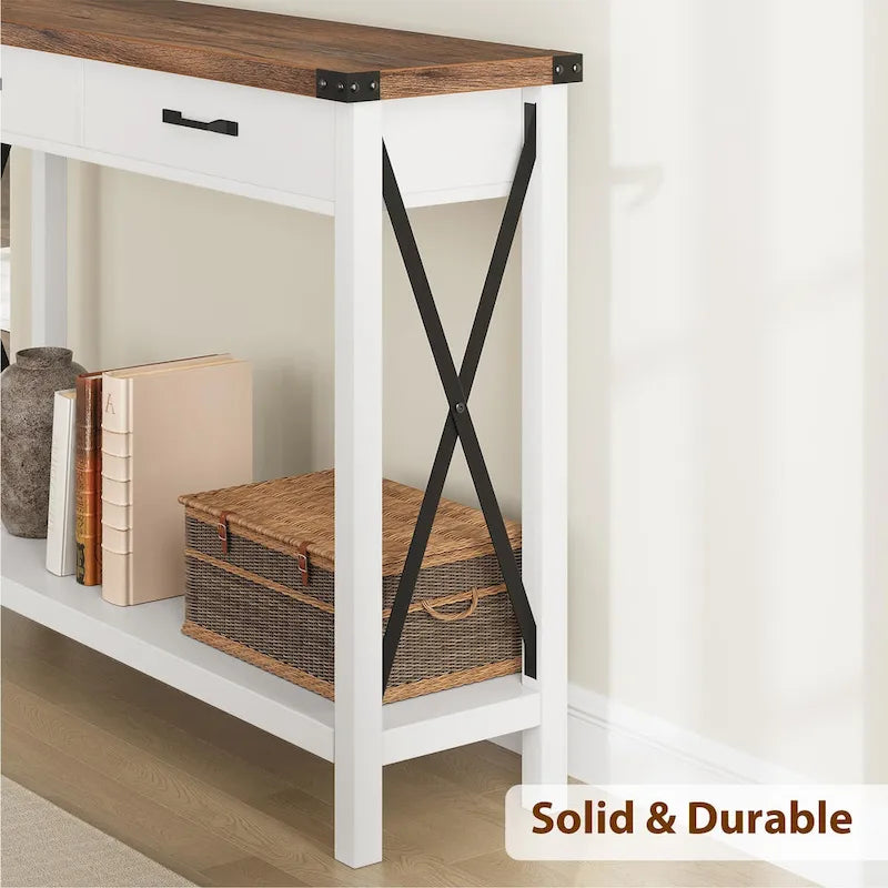Table d'entrée en bois, Console de ferme avec 2 tiroirs