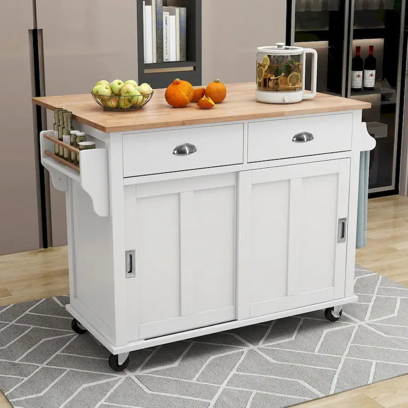 Chariot de cuisine avec plan de travail rabattable en bois d'hévéa (tabouret non inclus)