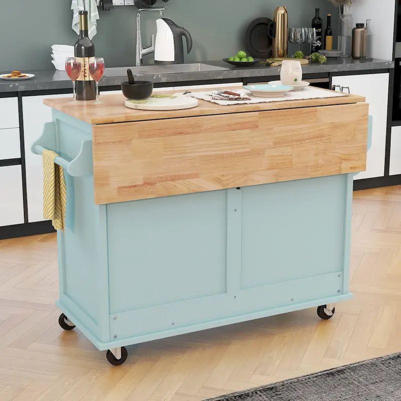 Chariot de cuisine avec plan de travail rabattable en bois d'hévéa (tabouret non inclus)