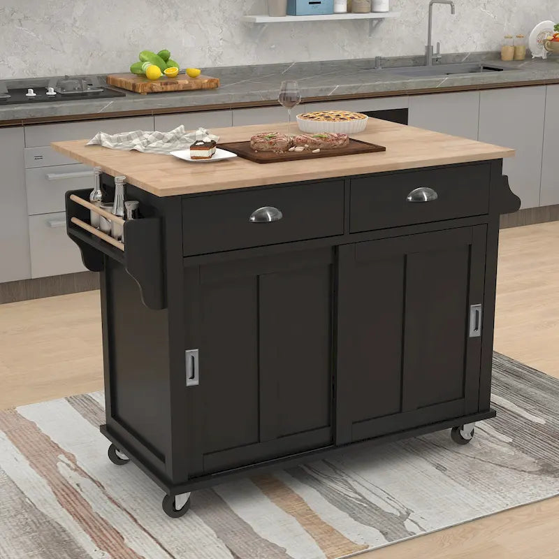 Chariot de cuisine avec plan de travail rabattable en bois d'hévéa (tabouret non inclus)