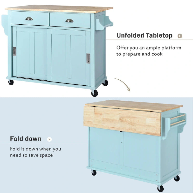 Chariot de cuisine avec plan de travail rabattable en bois d'hévéa (tabouret non inclus)