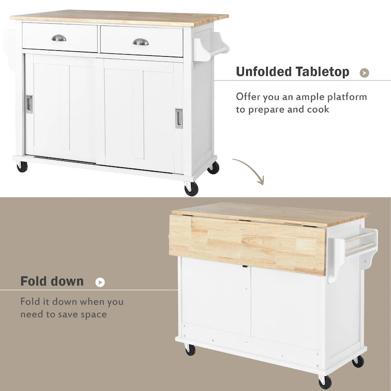 Chariot de cuisine avec plan de travail rabattable en bois d'hévéa (tabouret non inclus)
