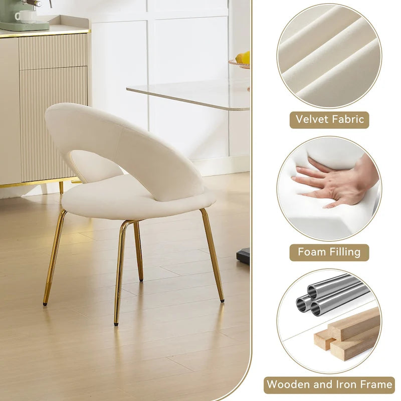 Chaises de salle à manger d'appoint en velours avec dossier incurvé et pieds en métal doré - Capacité de 113 kg