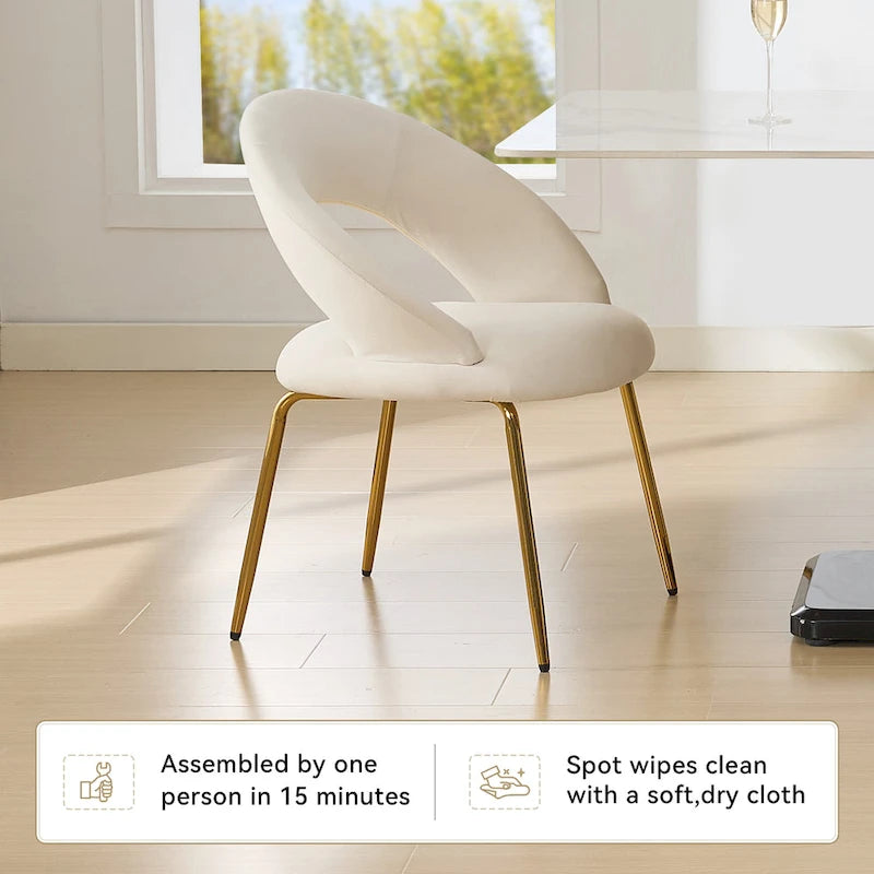 Chaises de salle à manger d'appoint en velours avec dossier incurvé et pieds en métal doré - Capacité de 113 kg