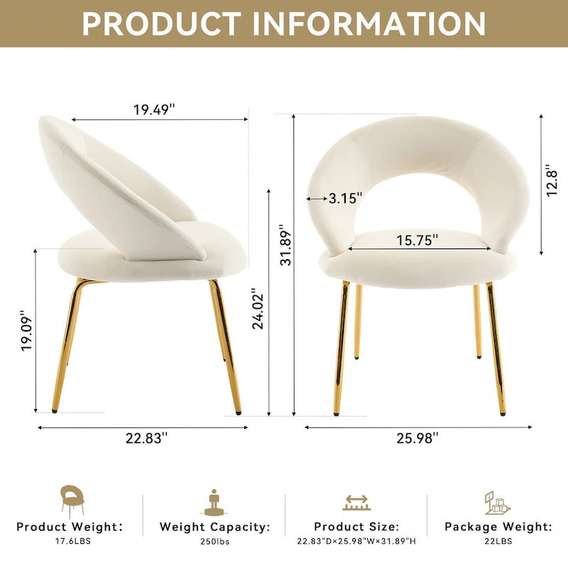 Chaises de salle à manger d'appoint en velours avec dossier incurvé et pieds en métal doré - Capacité de 113 kg