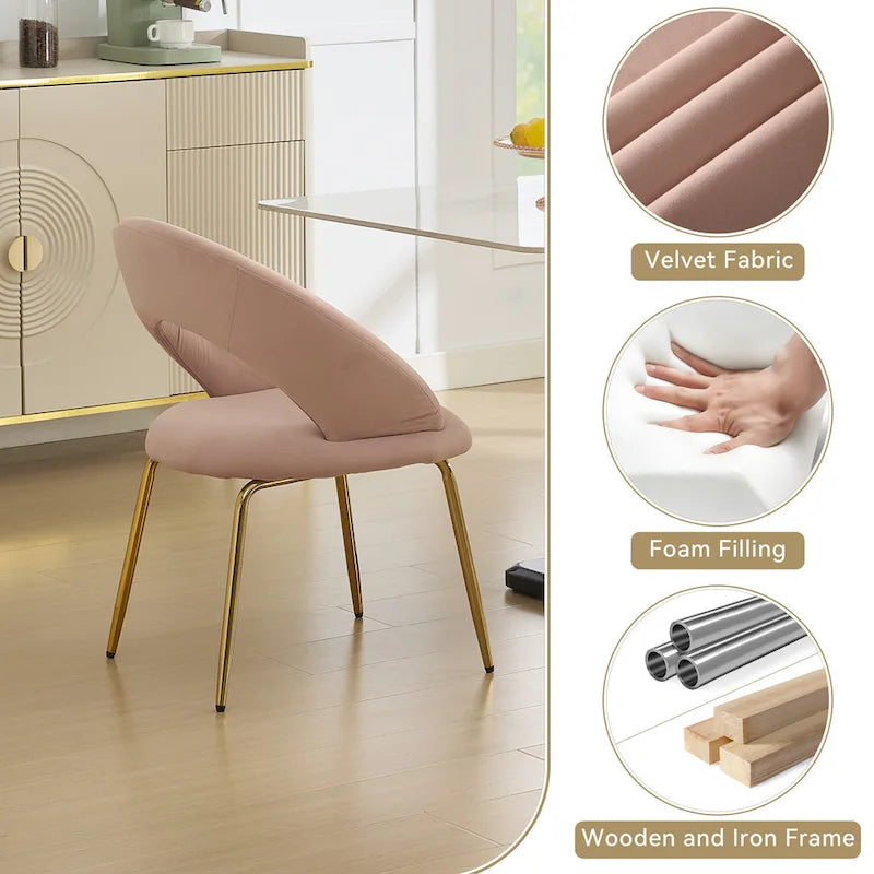 Chaises de salle à manger d'appoint en velours avec dossier incurvé et pieds en métal doré - Capacité de 113 kg