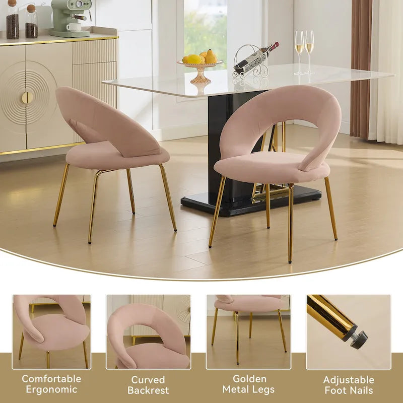 Chaises de salle à manger d'appoint en velours avec dossier incurvé et pieds en métal doré - Capacité de 113 kg