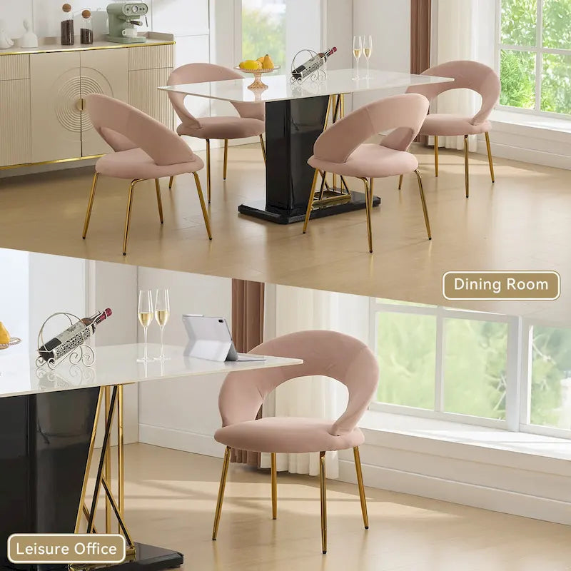 Chaises de salle à manger d'appoint en velours avec dossier incurvé et pieds en métal doré - Capacité de 113 kg