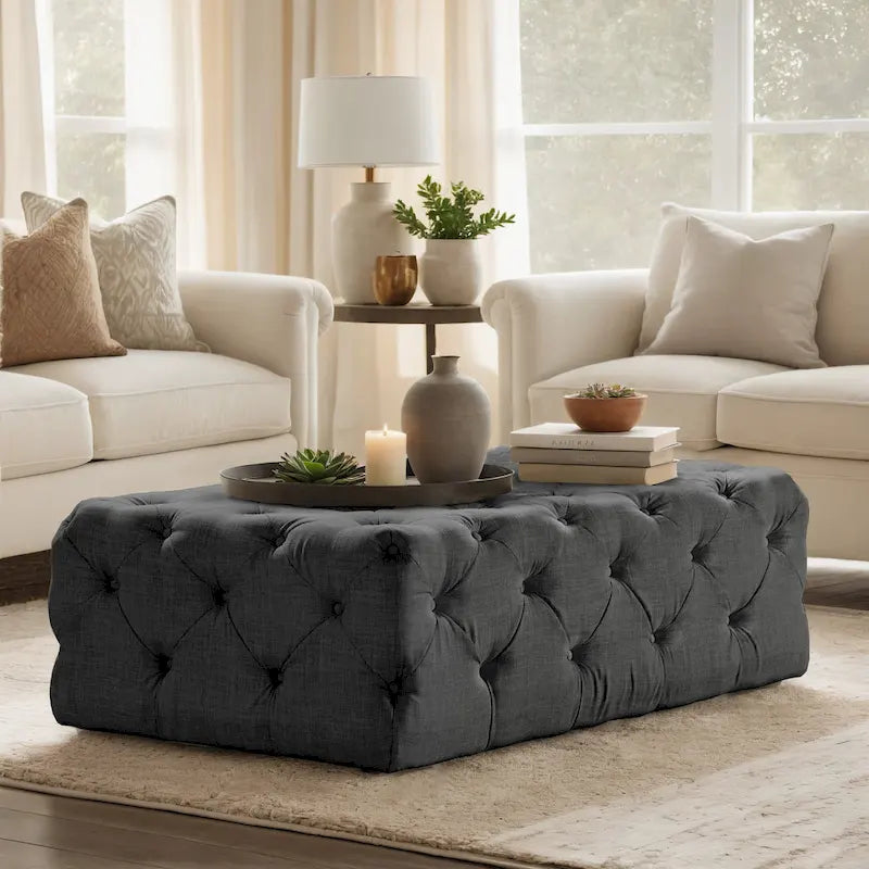 Pouf ottoman capitonné rectangulaire Gdansk avec roulettes