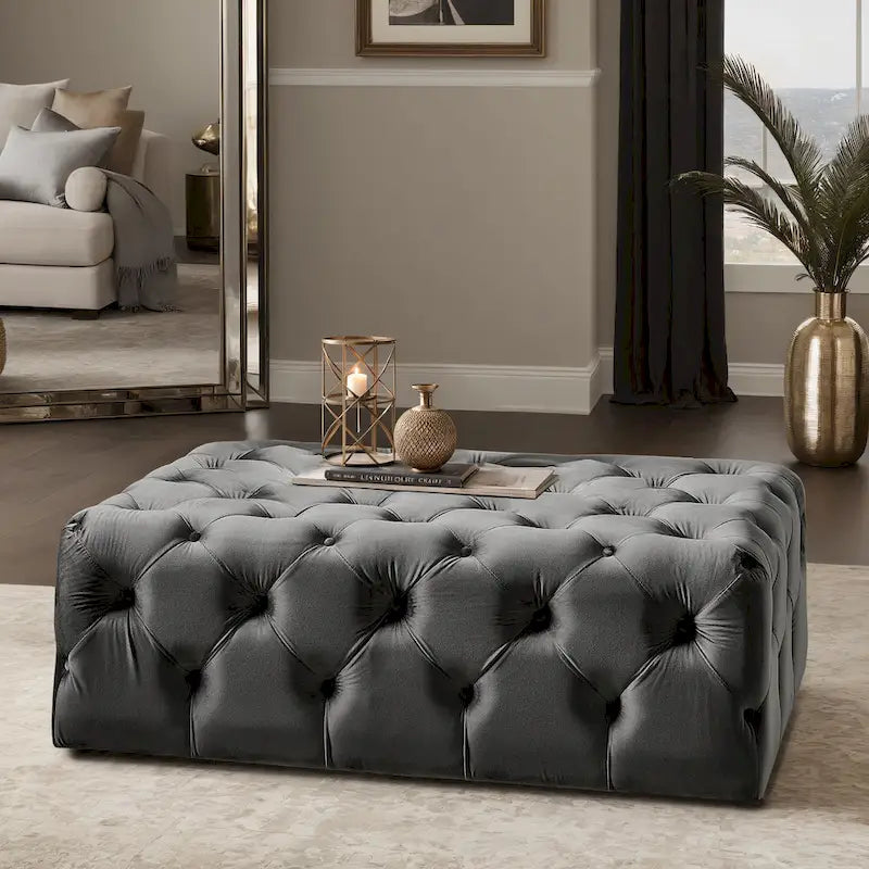Pouf ottoman capitonné rectangulaire Gdansk avec roulettes