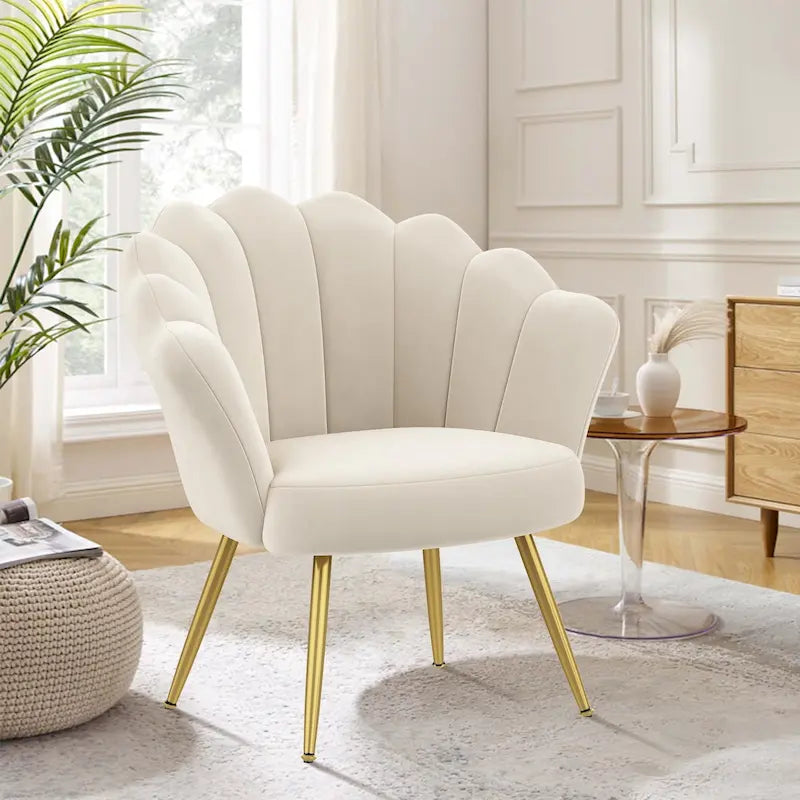 Chaise de Coiffeuse Mignonne en Velours Doré avec Dossier pour Salle de Maquillage, Fauteuil d'Appoint Rembourré en Forme de Coquille