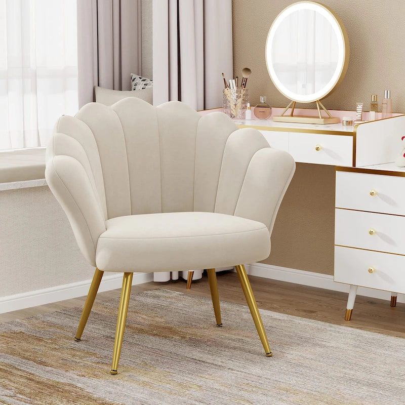 Chaise de Coiffeuse Mignonne en Velours Doré avec Dossier pour Salle de Maquillage, Fauteuil d'Appoint Rembourré en Forme de Coquille