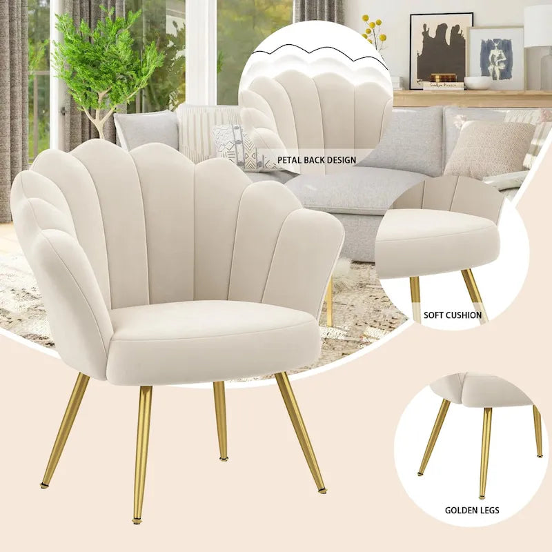 Chaise de Coiffeuse Mignonne en Velours Doré avec Dossier pour Salle de Maquillage, Fauteuil d'Appoint Rembourré en Forme de Coquille