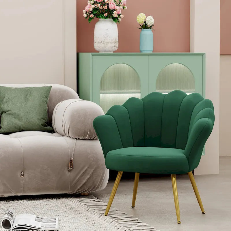 Chaise de Coiffeuse Mignonne en Velours Doré avec Dossier pour Salle de Maquillage, Fauteuil d'Appoint Rembourré en Forme de Coquille