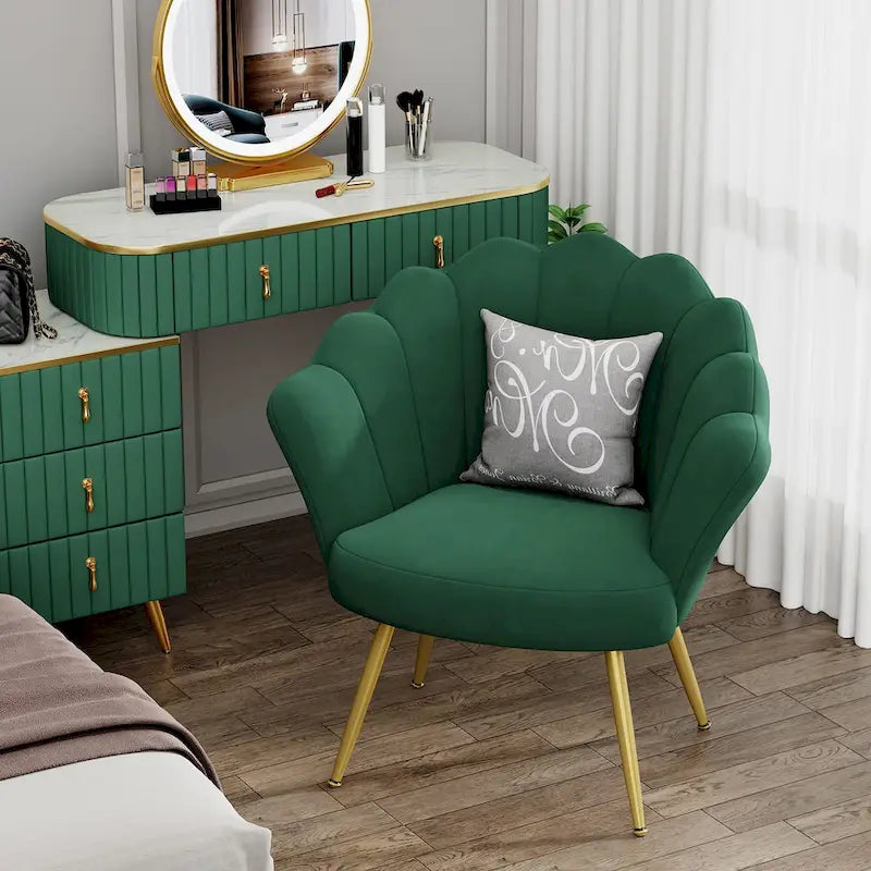 Chaise de Coiffeuse Mignonne en Velours Doré avec Dossier pour Salle de Maquillage, Fauteuil d'Appoint Rembourré en Forme de Coquille