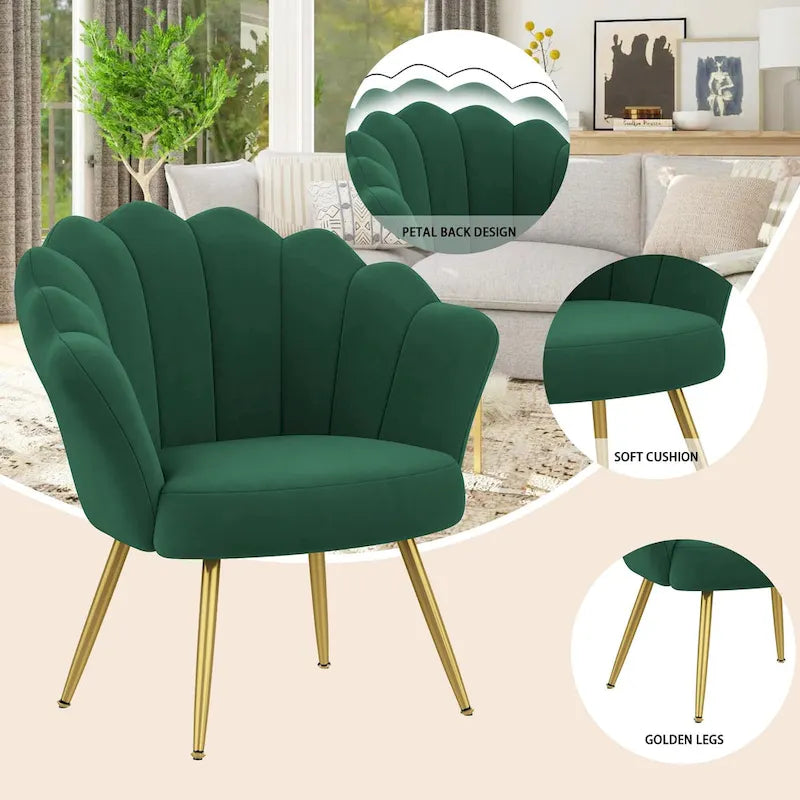 Chaise de Coiffeuse Mignonne en Velours Doré avec Dossier pour Salle de Maquillage, Fauteuil d'Appoint Rembourré en Forme de Coquille
