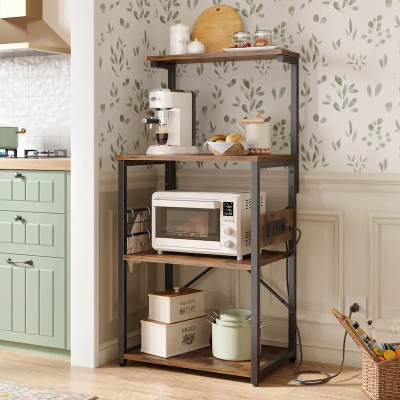 Kitchen Bakers Rack with Storage Shelves &USB Outlets, Microwave Oven Stand Kitchen Shelf Organizer