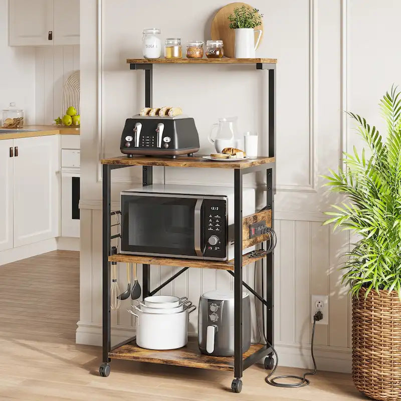 Meuble de cuisine pour boulanger avec étagères de rangement et prises USB, support pour micro-ondes, organisateur d'étagères de cuisine