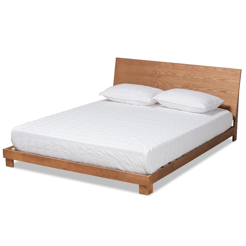 Lit plateforme en bois fini noyer marron, style moderne et contemporain
