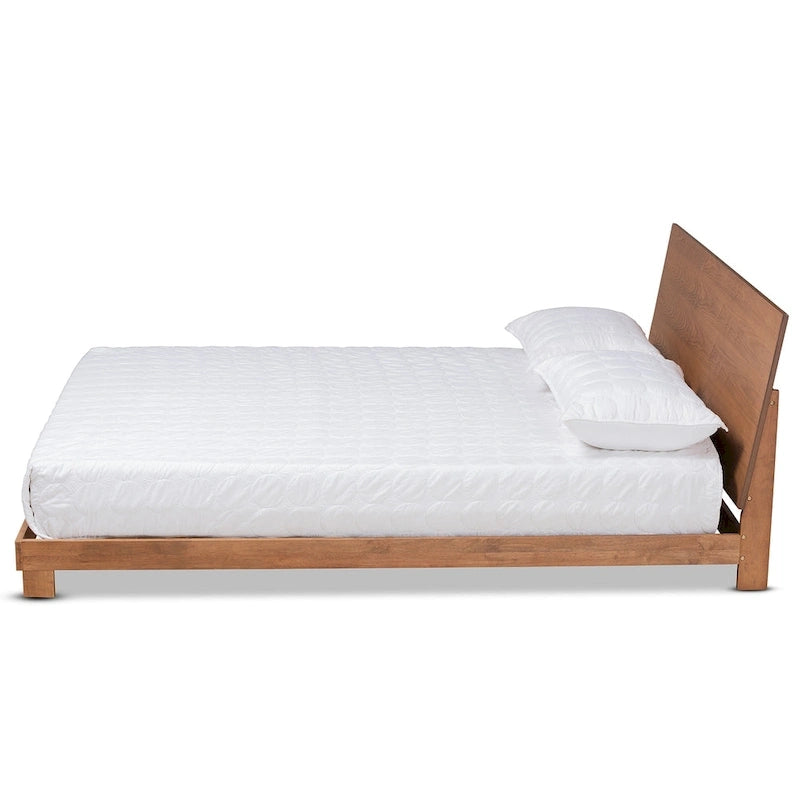 Lit plateforme en bois fini noyer marron, style moderne et contemporain