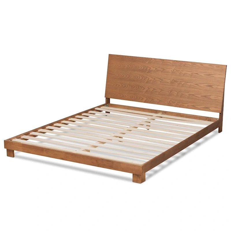 Lit plateforme en bois fini noyer marron, style moderne et contemporain